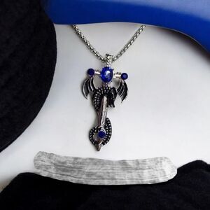 Flying Dragon Blue Stone Royal Sword Necklace Silver Unisex Fantasy Jewelry NWT